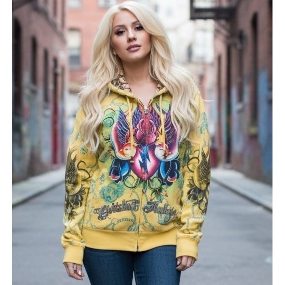 Y2K VINTAGE Christian Audigier Bling Hoodie LOVEBIRDS YELLOW Size M